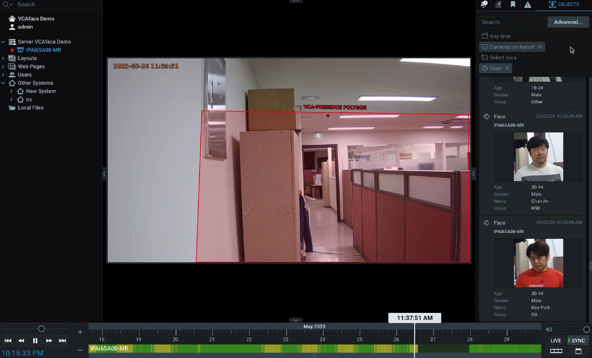 Vue live view with a presence zone and face matches in the sidebar