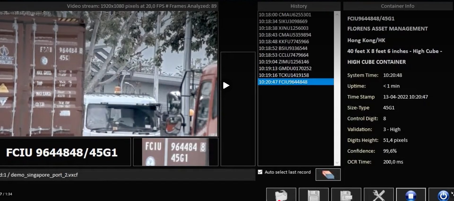 Container ID read FCIU 9644848 with OCR confidence on the Intelligence console