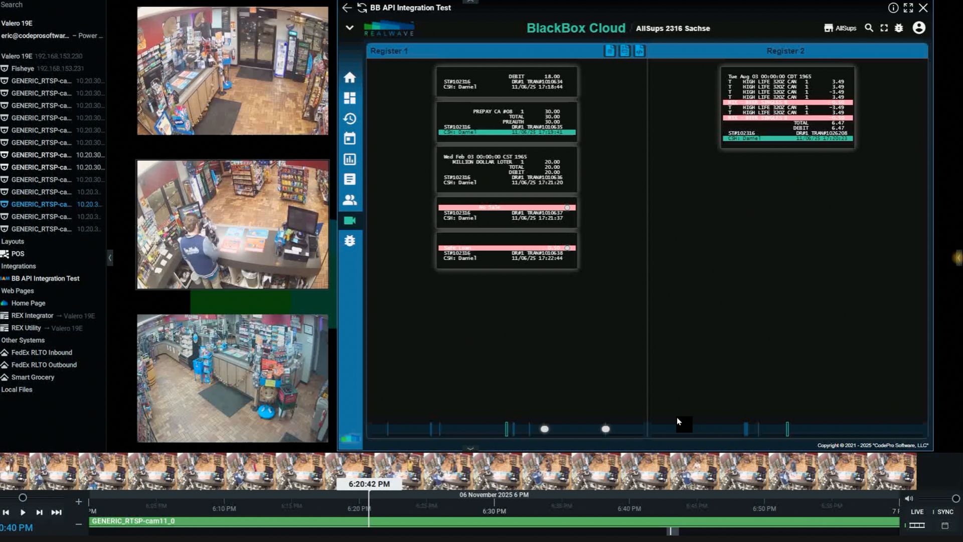 BlackBox POS cloud with two live register cameras and scrolling receipts