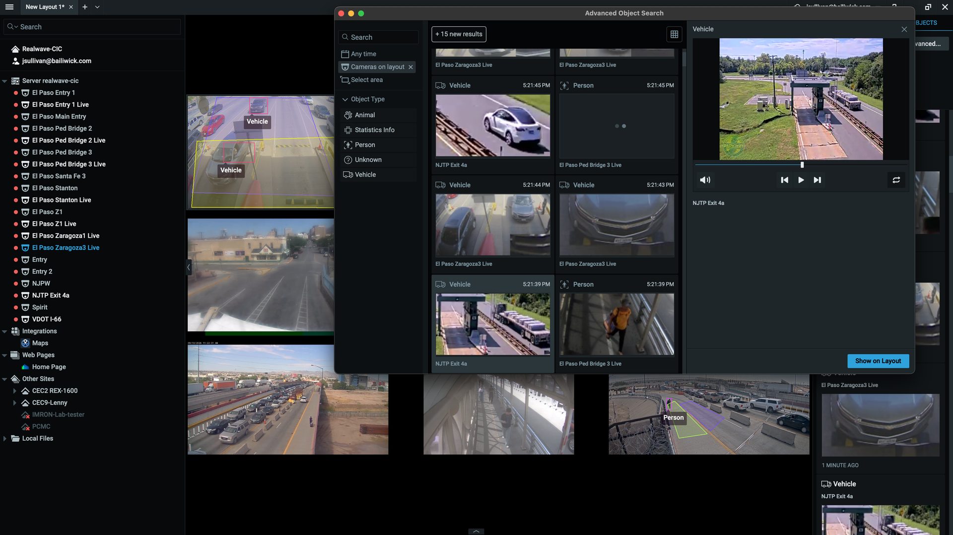 Vue Advanced Object Search open over a live multi-camera layout, on the same glass as the resource tree